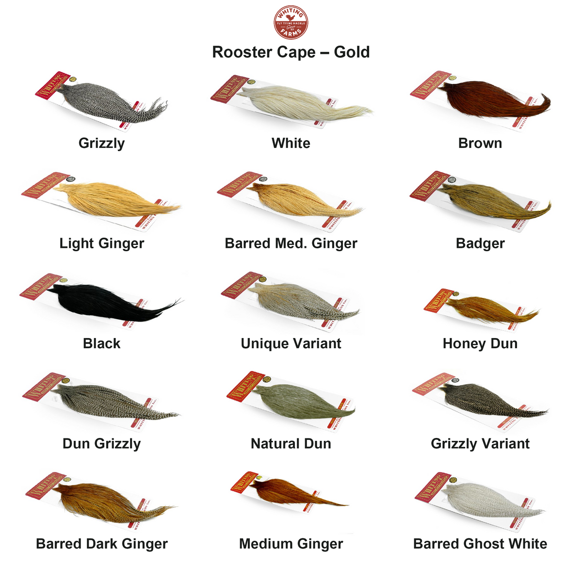 Farveoversigt – Whiting Rooster Cape – Gold