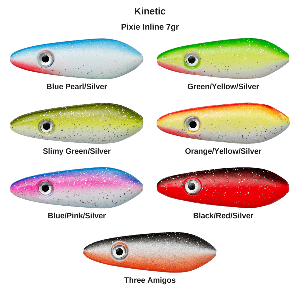 Kinetic Pixie Inline 7gr – farveoversigt med 7 farver